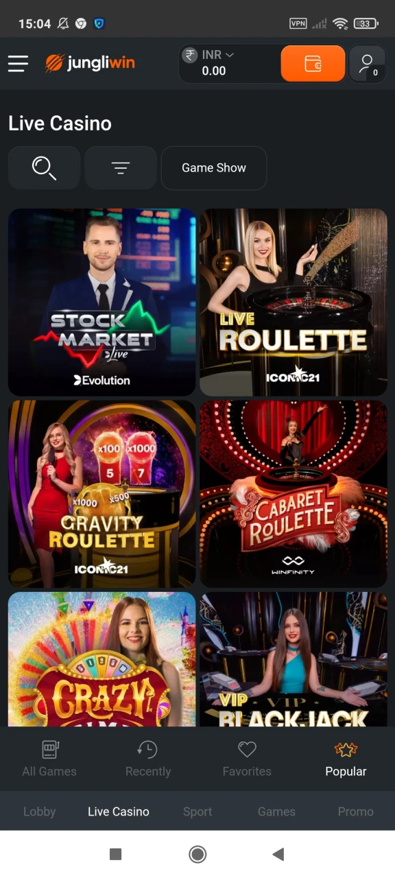 Choose casino games in the Jungliwin app.