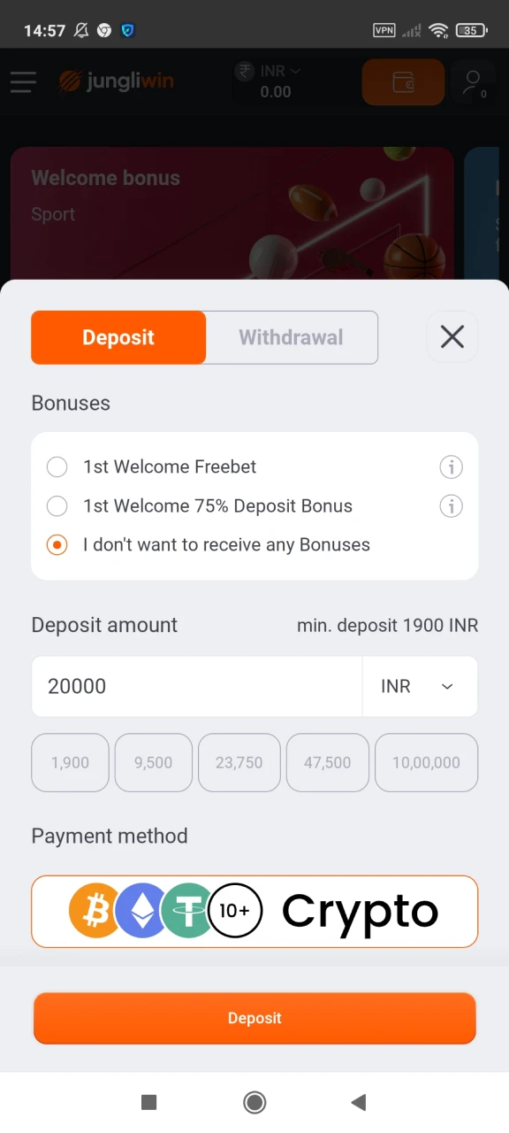 Make your first deposit to receive your bonus at Jungliwin.