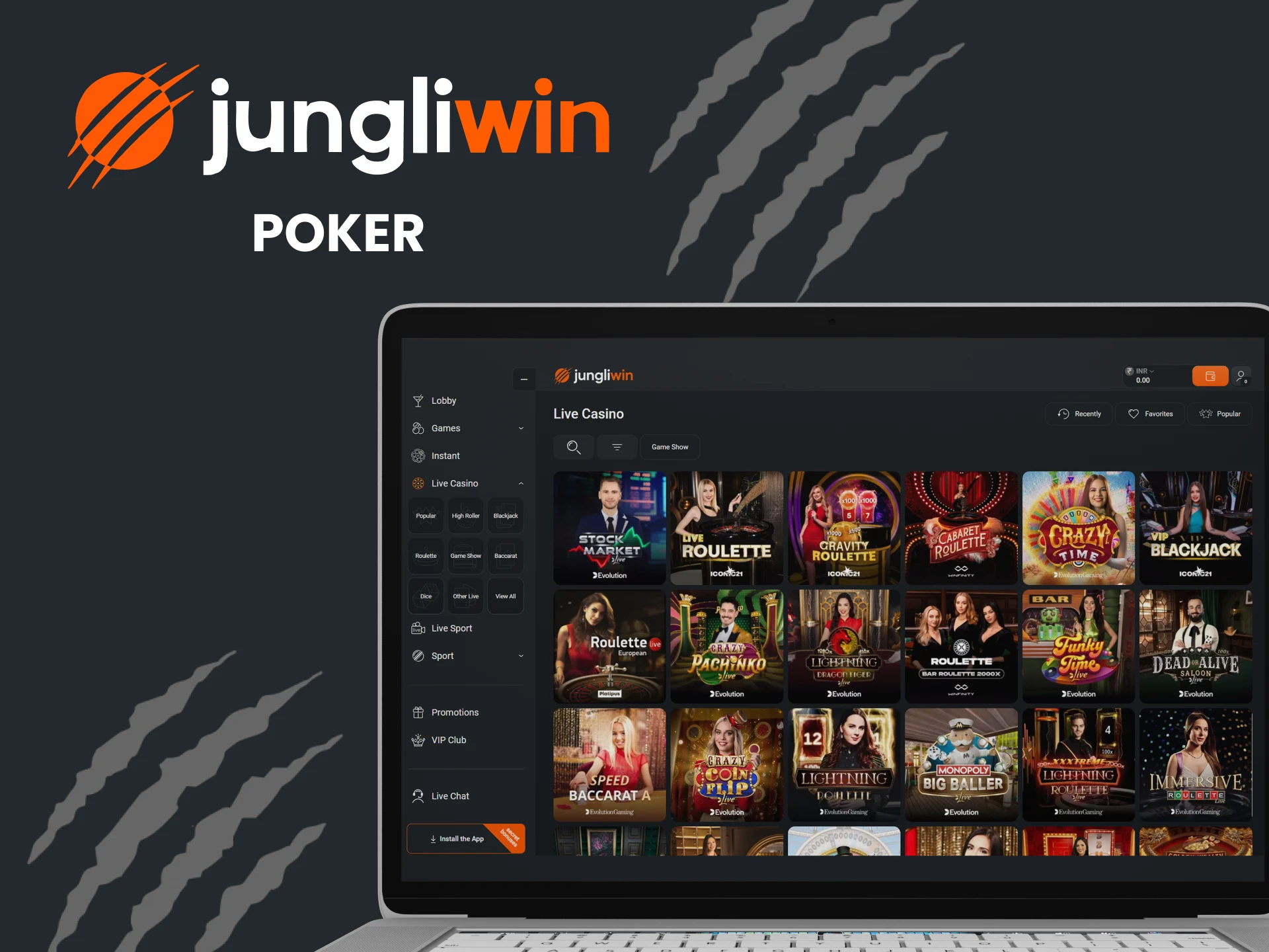 Choose poker from the live casino section at Jungliwin.