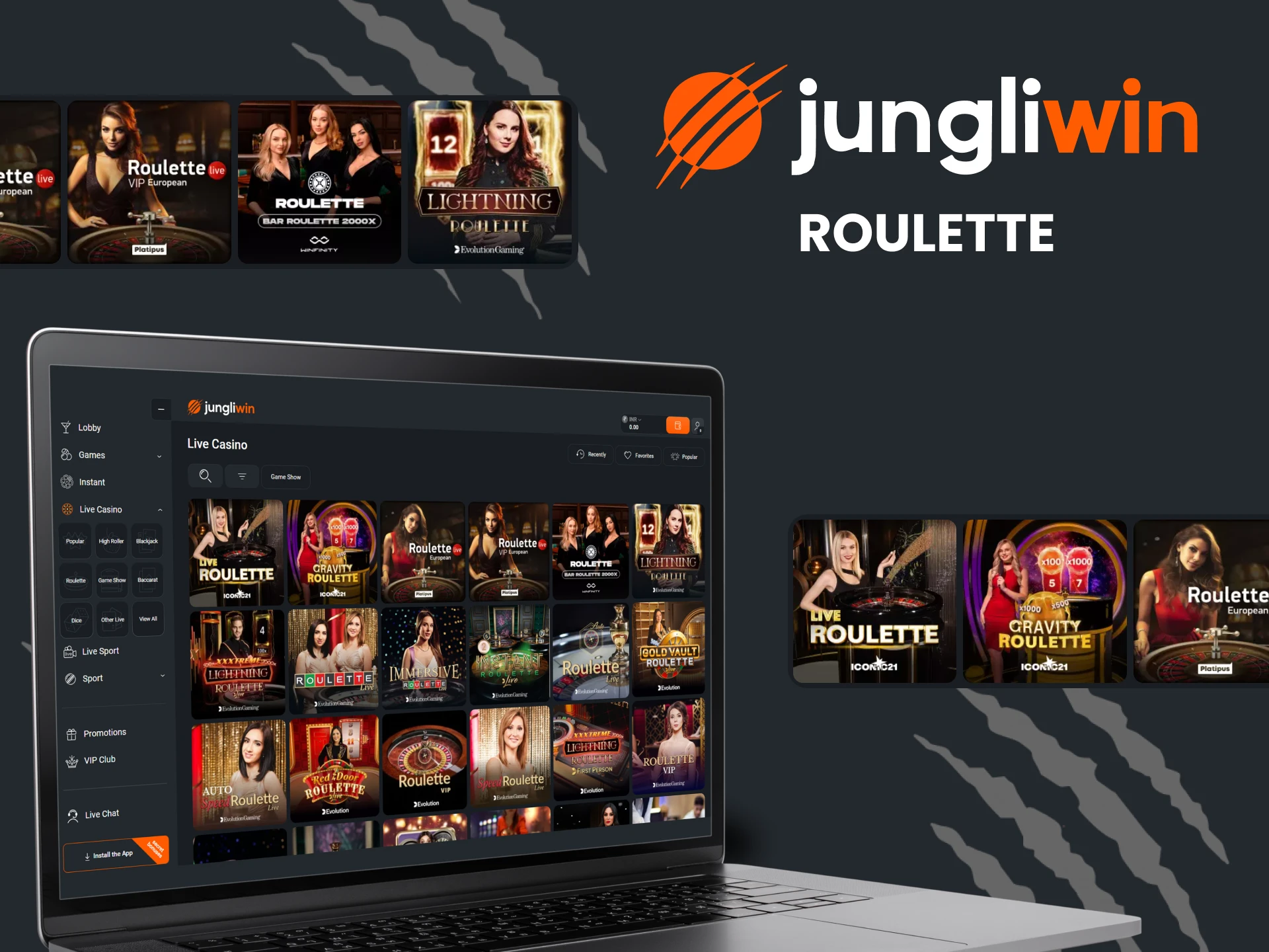 Choose roulette from the live casino section at Jungliwin.