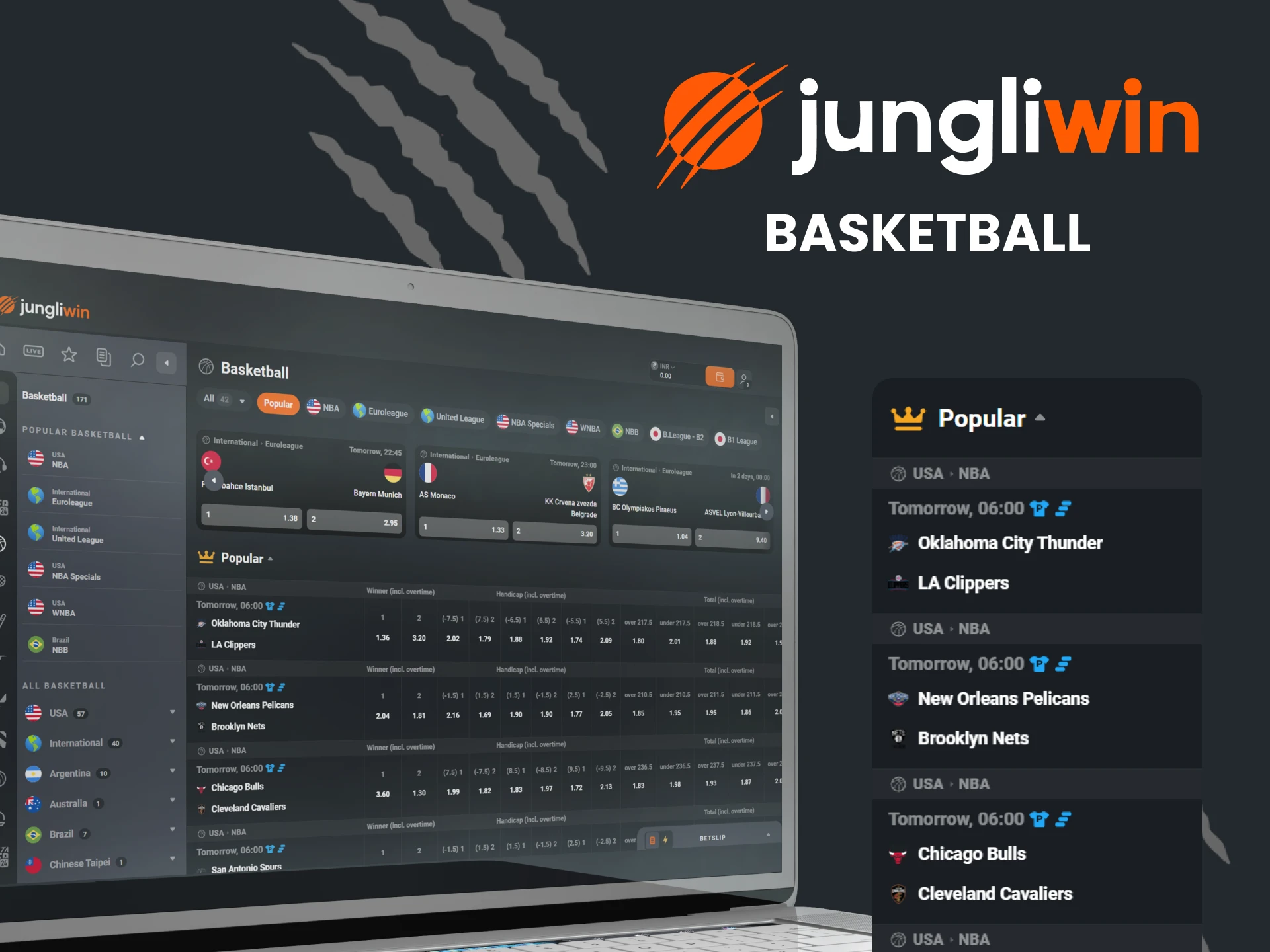 Choose basketball in the sports section for betting on Jungliwin.