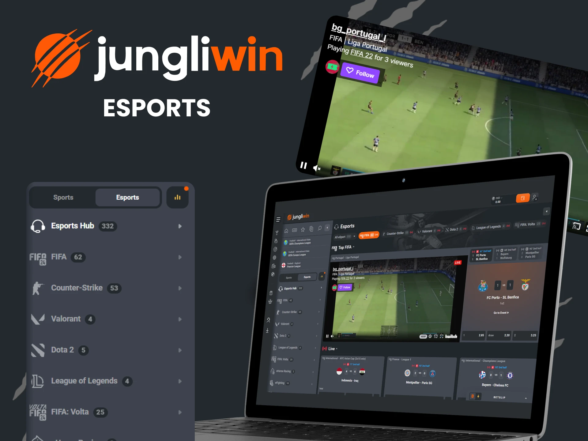 Place bets in the eSports section from Jungliwin.