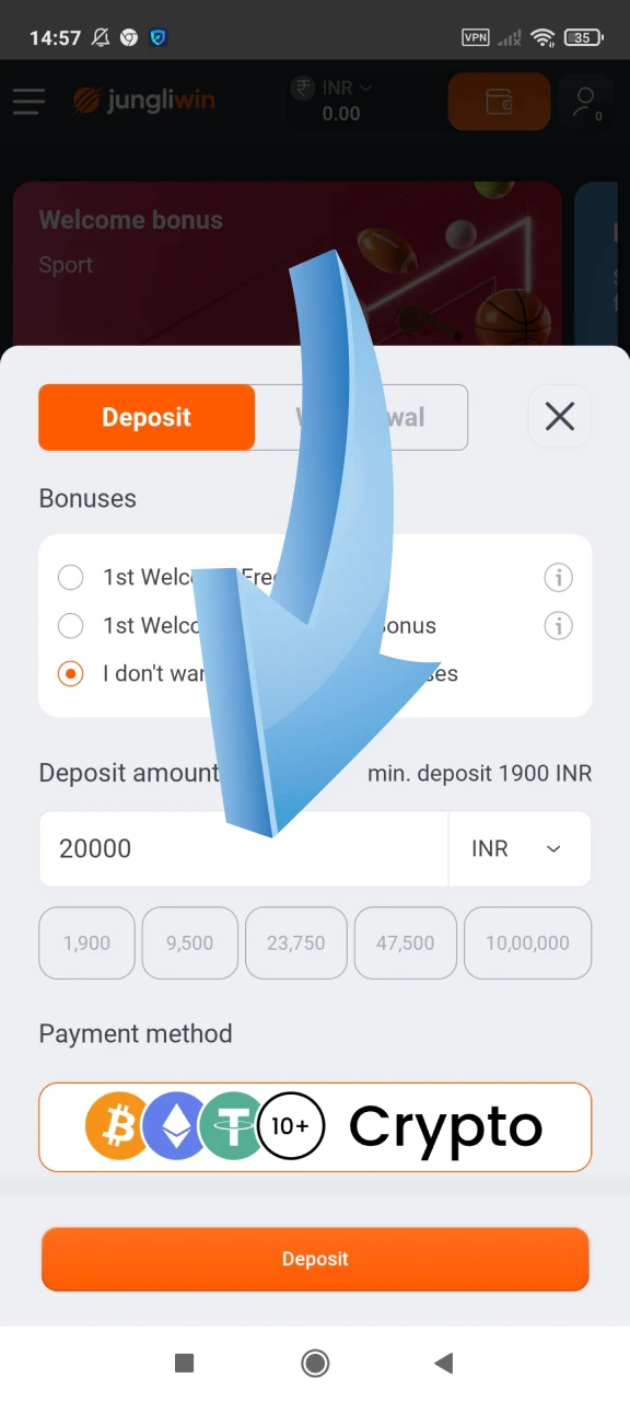 Enter the amount to replenish your deposit on Jungliwin.