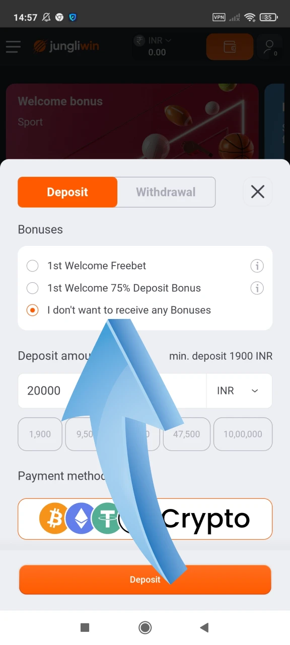 Choose a bonus when replenishing your deposit at Jungliwin.