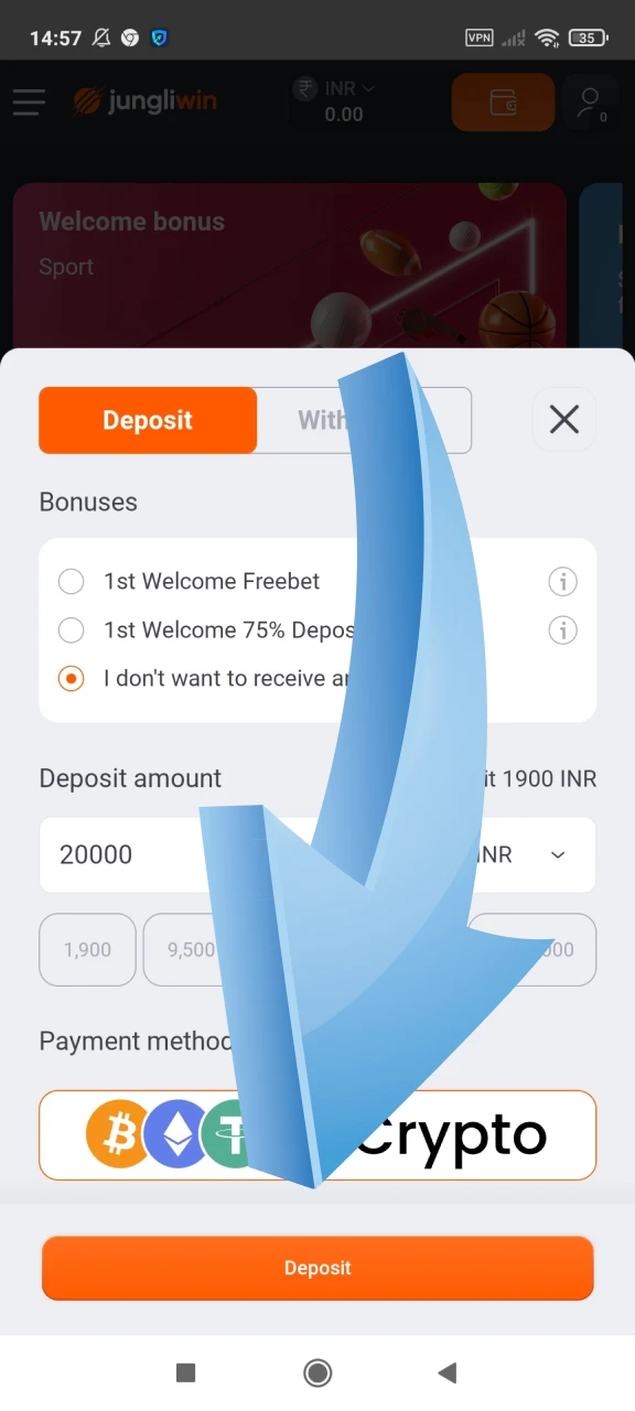 Complete your deposit on Jungliwin.