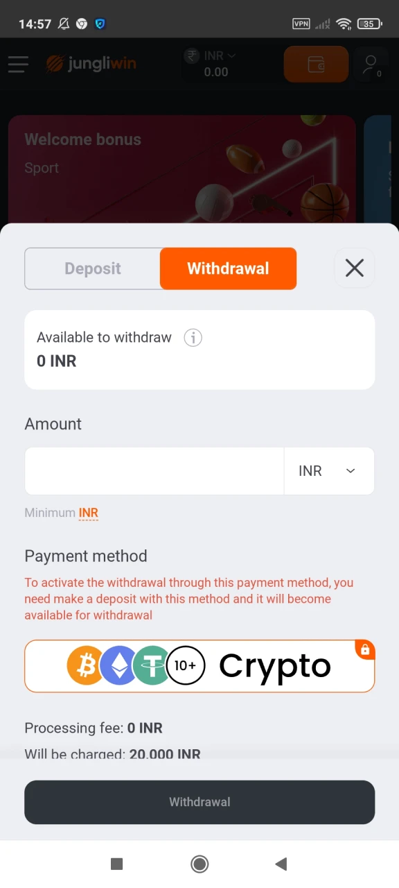 Select the withdrawal section on Jungliwin.