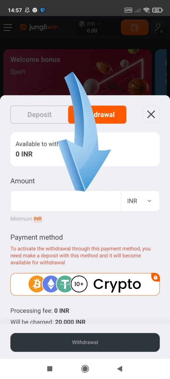 Select a withdrawal method on Jungliwin.