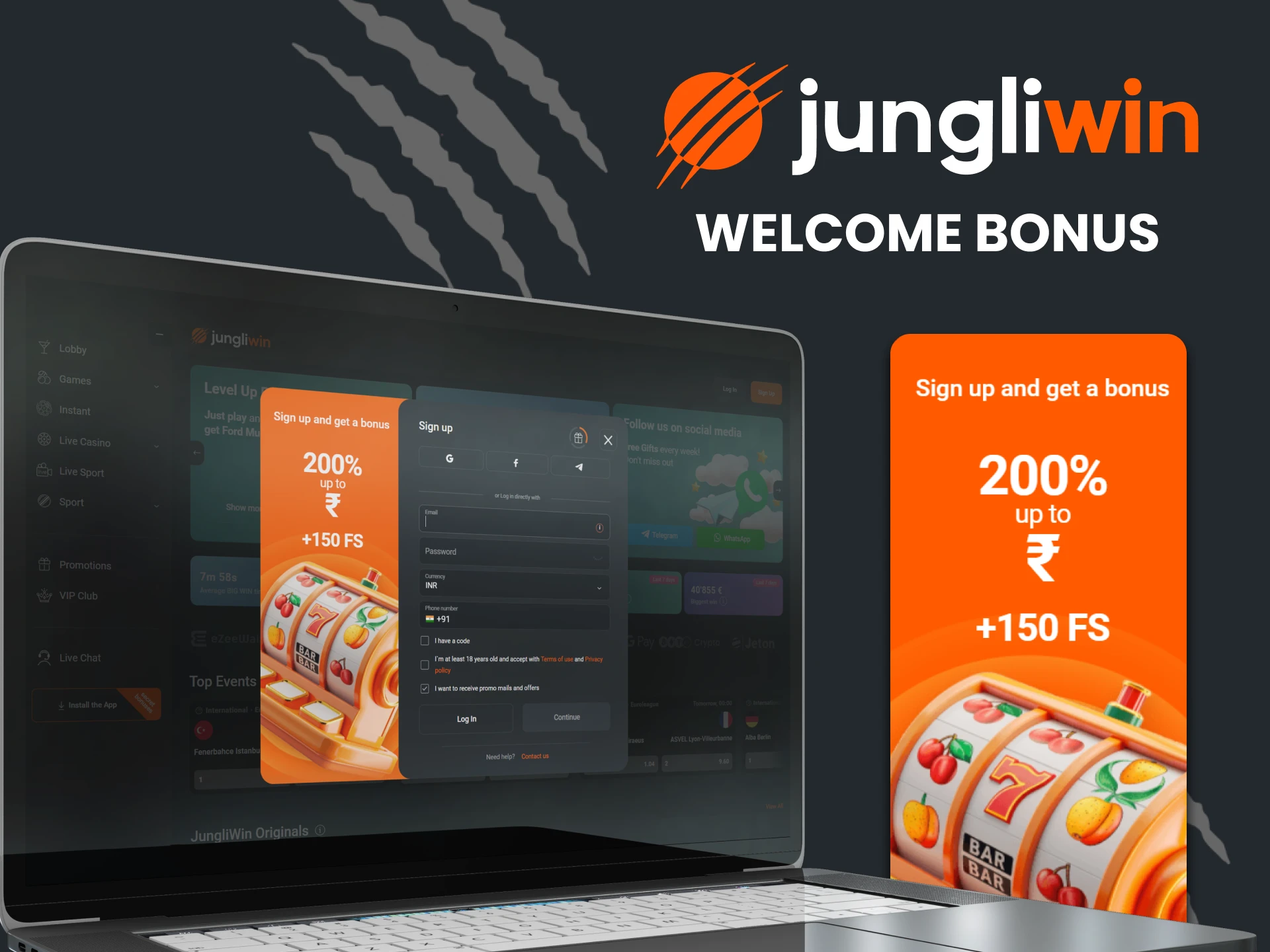 Get bonuses after registering on Jungliwin.